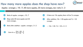 Apples : oranges :: 10 : 7; 50 more apples, 25 more oranges, new ratio 3 : 2
How many more apples does the shop have now?
· Ratio of apples : oranges :: 10 : 7 If there are 10x apples, there will be 7x oranges.
· Shop adds 50 more apples and 25
more oranges.
After addition, 10x + 50 apples and 7x + 25
oranges.
· Ratio after addition - apples : oranges :: 3 : 2  10x + 50 : 7x + 25 :: 3 : 2
Solve for x:
10x + 50
7x + 25
=
3
2
 