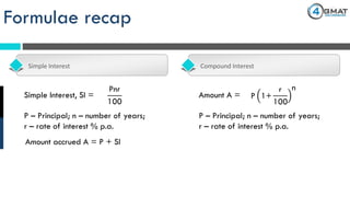 Formulae recap
Simple Interest Compound Interest
Pnr
100
Simple Interest, SI =
Amount accrued A = P + SI
P – Principal; n – number of years;
r – rate of interest % p.a.
Amount A = P 1+
r
100
n
P – Principal; n – number of years;
r – rate of interest % p.a.
 