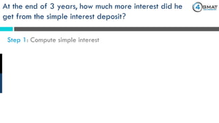 At the end of 3 years, how much more interest did he
get from the simple interest deposit?
Step 1: Compute simple interest
 