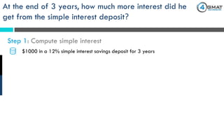 $1000 in a 12% simple interest savings deposit for 3 years
At the end of 3 years, how much more interest did he
get from the simple interest deposit?
Step 1: Compute simple interest
 