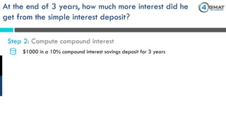 $1000 in a 10% compound interest savings deposit for 3 years
Step 2: Compute compound interest
At the end of 3 years, how much more interest did he
get from the simple interest deposit?
 
