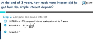 $1000 in a 10% compound interest savings deposit for 3 years
Amount A = P 1+
r
100
n
Step 2: Compute compound interest
At the end of 3 years, how much more interest did he
get from the simple interest deposit?
Amount A =
 