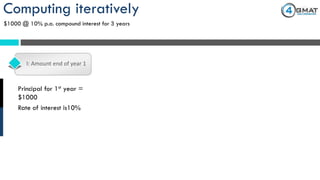 Computing iteratively
$1000 @ 10% p.a. compound interest for 3 years
I: Amount end of year 1
Principal for 1st year =
$1000
Rate of interest is10%
 