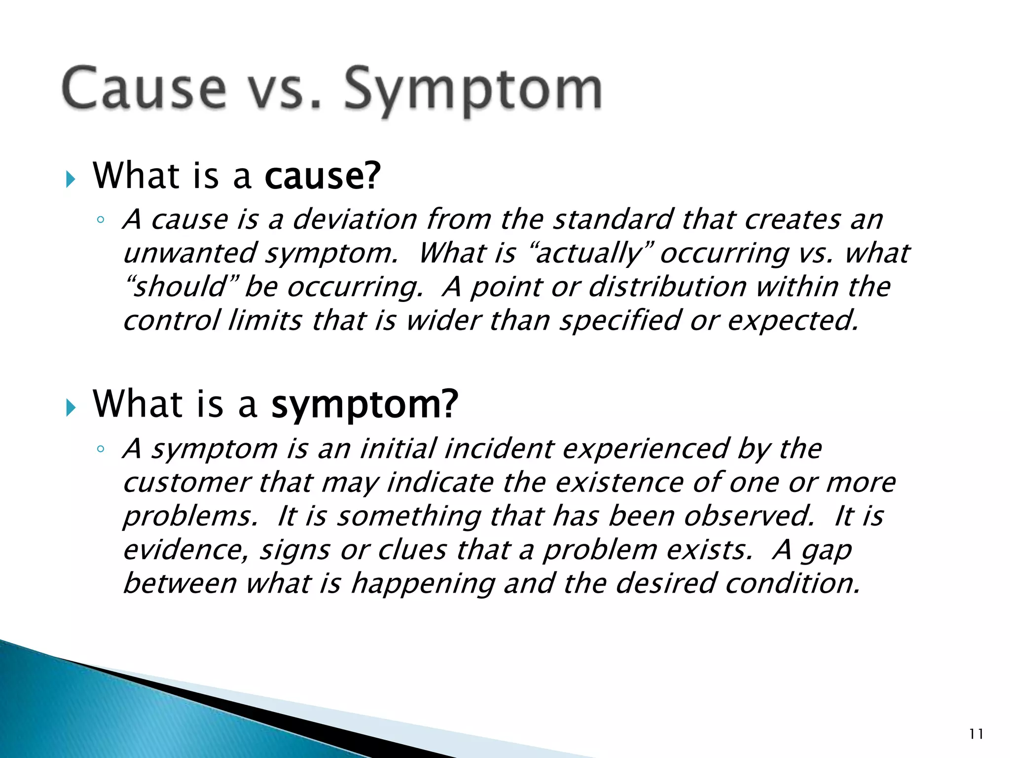 What is a cause?A cause is a deviation from the standard that creates an unwanted symptom.  What is “actually” occurring vs. what “should” be occurring.  A point or distribution within the control limits that is wider than specified or expected.  What is a symptom?A symptom is an initial incident experienced by the customer that may indicate the existence of one or more problems.  It is something that has been observed.  It is evidence, signs or clues that a problem exists.  A gap between what is happening and the desired condition.Cause vs. Symptom11