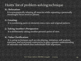 h). Relaxation:
It is systematically relaxing all muscles while repeating a personally
meaningful focus word or phrase.
i). Creating:
It is combining parts or elements into a new and original pattern.
j). Taking Another’s Perspective:
It is deliberately taking another person’s point of view.
k). Value Clarification:
It is using techniques such as role playing, imitation, self analysis
exercises, and structured controversy to gain a greater understanding
of attitudes and beliefs that individuals hold important.

Prof. Chetan Lakhlani, NRVIBMS, Junagadh

2/23/2014

29

 