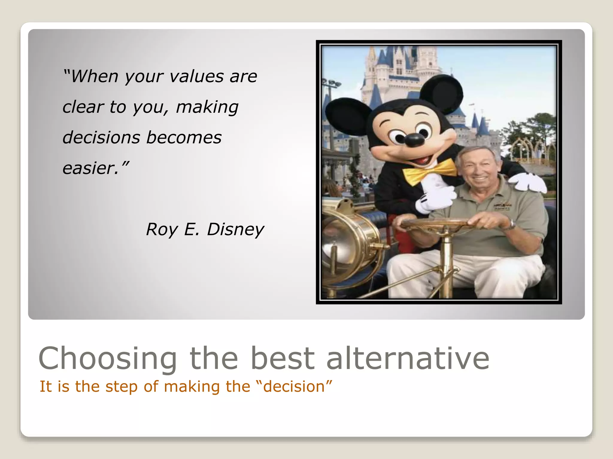Choosing the best alternative
It is the step of making the “decision”
“When your values are
clear to you, making
decisions becomes
easier.”
Roy E. Disney
 