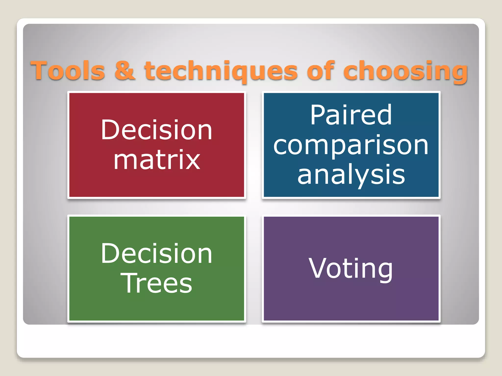 Tools & techniques of choosing
Decision
matrix
Paired
comparison
analysis
Decision
Trees
Voting
 