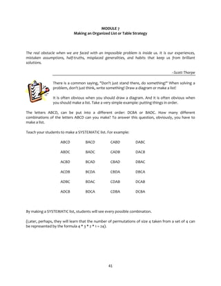 41
MODULE 7
Making an Organized List or Table Strategy
The real obstacle when we are faced with an impossible problem is inside us. It is our experiences,
mistaken assumptions, half-truths, misplaced generalities, and habits that keep us from brilliant
solutions.
--Scott Thorpe
There is a common saying, "Don't just stand there, do something!" When solving a
problem, don't just think, write something! Draw a diagram or make a list!
It is often obvious when you should draw a diagram. And it is often obvious when
you should make a list. Take a very simple example: putting things in order.
The letters ABCD, can be put into a different order: DCBA or BADC. How many different
combinations of the letters ABCD can you make? To answer this question, obviously, you have to
make a list.
Teach your students to make a SYSTEMATIC list. For example:
ABCD
ABDC
ACBD
ACDB
ADBC
ADCB
BACD
BADC
BCAD
BCDA
BDAC
BDCA
CABD
CADB
CBAD
CBDA
CDAB
CDBA
DABC
DACB
DBAC
DBCA
DCAB
DCBA
By making a SYSTEMATIC list, students will see every possible combination.
(Later, perhaps, they will learn that the number of permutations of size 4 taken from a set of 4 can
be represented by the formula 4 * 3 * 2 * 1 = 24).
 