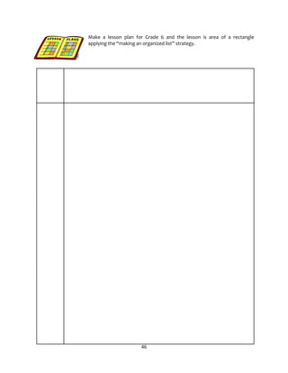 46
Make a lesson plan for Grade 6 and the lesson is area of a rectangle
applying the “making an organized list” strategy.
 