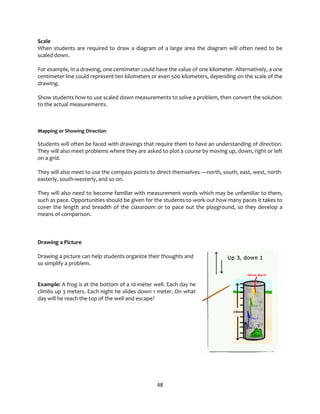48
Scale
When students are required to draw a diagram of a large area the diagram will often need to be
scaled down.
For example, in a drawing, one centimeter could have the value of one kilometer. Alternatively, a one
centimeter line could represent ten kilometers or even 500 kilometers, depending on the scale of the
drawing.
Show students how to use scaled down measurements to solve a problem, then convert the solution
to the actual measurements.
Mapping or Showing Direction
Students will often be faced with drawings that require them to have an understanding of direction.
They will also meet problems where they are asked to plot a course by moving up, down, right or left
on a grid.
They will also meet to use the compass points to direct themselves —north, south, east, west, north-
easterly, south-westerly, and so on.
They will also need to become familiar with measurement words which may be unfamiliar to them,
such as pace. Opportunities should be given for the students to work out how many paces it takes to
cover the length and breadth of the classroom or to pace out the playground, so they develop a
means of comparison.
Drawing a Picture
Drawing a picture can help students organize their thoughts and
so simplify a problem.
Example: A frog is at the bottom of a 10-meter well. Each day he
climbs up 3 meters. Each night he slides down 1 meter. On what
day will he reach the top of the well and escape?
 