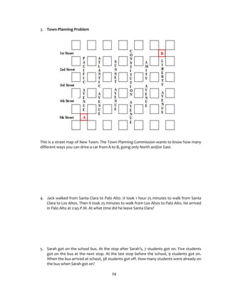 74
3. Town Planning Problem
This is a street map of New Town. The Town Planning Commission wants to know how many
different ways you can drive a car from A to B, going only North and/or East.
4. Jack walked from Santa Clara to Palo Alto. It took 1 hour 25 minutes to walk from Santa
Clara to Los Altos. Then it took 25 minutes to walk from Los Altos to Palo Alto. He arrived
in Palo Alto at 2:45 P.M. At what time did he leave Santa Clara?
5. Sarah got on the school bus. At the stop after Sarah’s, 7 students got on. Five students
got on the bus at the next stop. At the last stop before the school, 9 students got on.
When the bus arrived at school, 38 students got off. How many students were already on
the bus when Sarah got on?
 