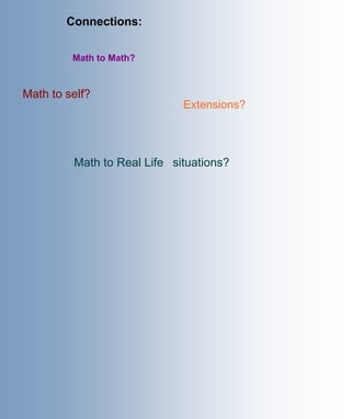 Connections:
Math to Math?
Math to self?
Math to Real Life situations?
Extensions?
 