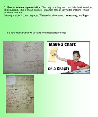 5. Make an external representation. This may be a diagram, chart, tally sheet, equation,
list of numbers. This is one of the most important parts of solving the problem! This is
where we take our
thinking and put it down on paper. We need to show sound reasoning, and logic.
It is very important that we use and record logical reasoning!
 