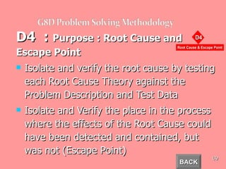 D4  :  Purpose : Root Cause and Escape Point Isolate and verify the root cause by testing each Root Cause Theory against the Problem Description and Test Data Isolate and Verify the place in the process where the effects of the Root Cause could have been detected and contained, but was not (Escape Point) BACK 