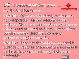 D5  :  Decision Making  contd….. List the Decision Criteria : GIVENS  :  These are objectively measurable, non-negotiable, realistic features of the decision. Givens are the constraints (minimum criteria) and are used as filters. Givens often concern money, deadlines, company procedures, legislations, etc. WANTS  :  These are desirable (as opposed to essentials) features of the decision and enable to determine which remaining choices are preferable BACK 