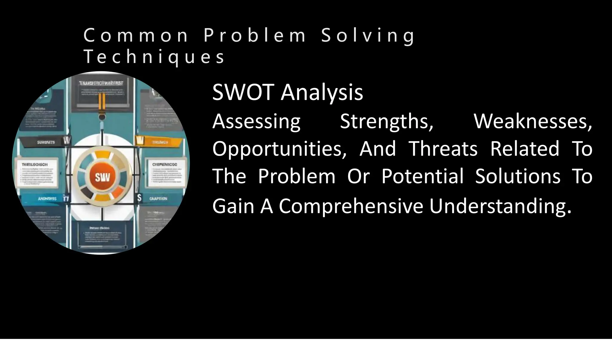C o m m o n P r o b l e m S o l v i n g
T e c h n i q u e s
SWOT Analysis
Assessing Strengths, Weaknesses,
Opportunities, And Threats Related To
The Problem Or Potential Solutions To
Gain A Comprehensive Understanding.
 