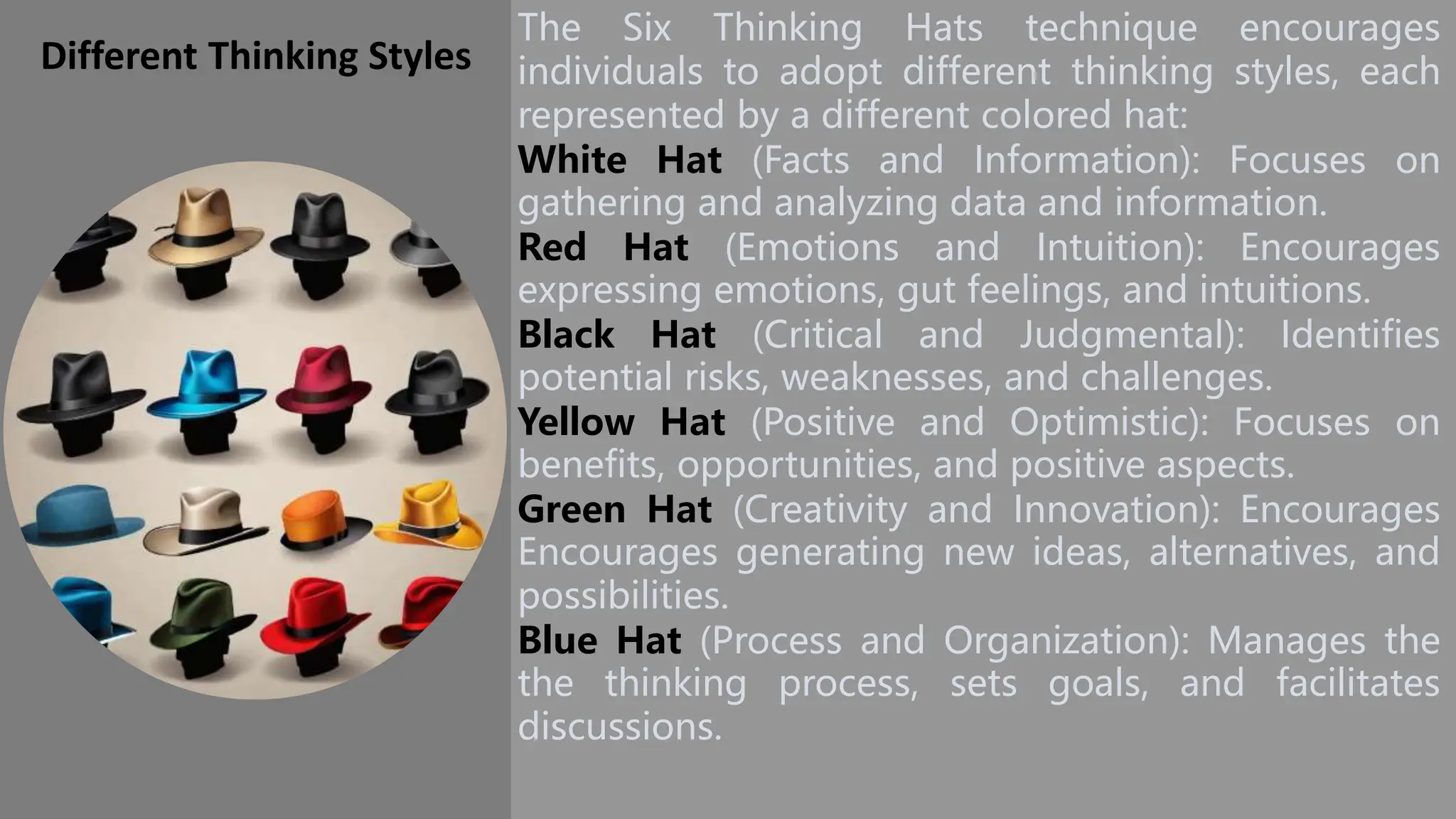 Different Thinking Styles
The Six Thinking Hats technique encourages
individuals to adopt different thinking styles, each
represented by a different colored hat:
White Hat (Facts and Information): Focuses on
gathering and analyzing data and information.
Red Hat (Emotions and Intuition): Encourages
expressing emotions, gut feelings, and intuitions.
Black Hat (Critical and Judgmental): Identifies
potential risks, weaknesses, and challenges.
Yellow Hat (Positive and Optimistic): Focuses on
benefits, opportunities, and positive aspects.
Green Hat (Creativity and Innovation): Encourages
Encourages generating new ideas, alternatives, and
possibilities.
Blue Hat (Process and Organization): Manages the
the thinking process, sets goals, and facilitates
discussions.
 