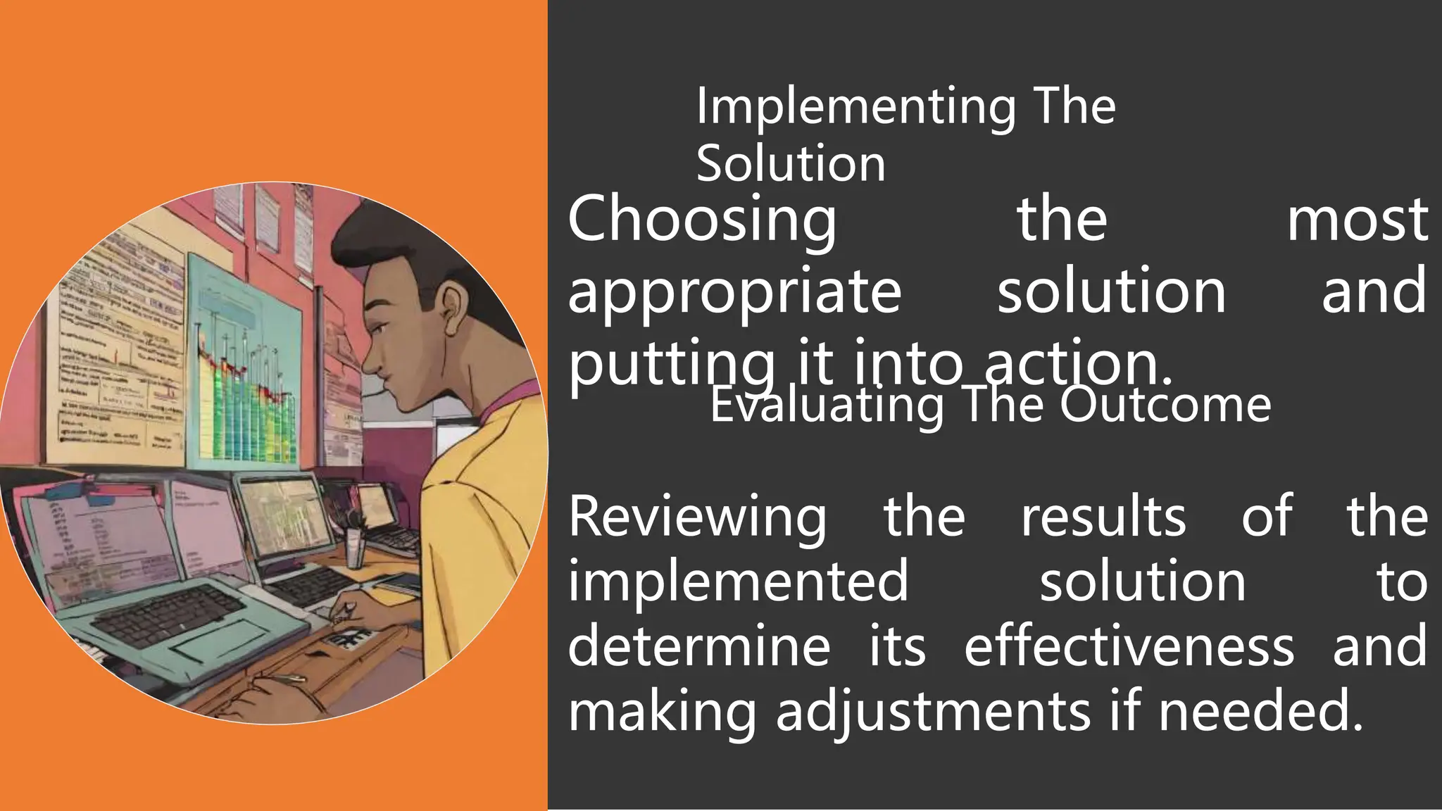 Implementing The
Solution
Choosing the most
appropriate solution and
putting it into action.
Evaluating The Outcome
Reviewing the results of the
implemented solution to
determine its effectiveness and
making adjustments if needed.
 