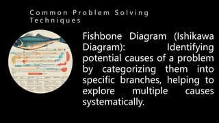 C o m m o n P r o b l e m S o l v i n g
T e c h n i q u e s
Fishbone Diagram (Ishikawa
Diagram): Identifying
potential causes of a problem
by categorizing them into
specific branches, helping to
explore multiple causes
systematically.
 