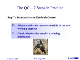 18 October 2019 Prod. Engg., SVL
The QC – 7 Steps in Practice
Step 7 : Standardize and Establish Control
IV. Educate and train those responsible in the new
working methods
V. Check whether the benefits are being
maintained
 