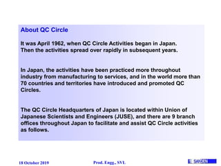 18 October 2019 Prod. Engg., SVL
About QC Circle
It was April 1962, when QC Circle Activities began in Japan.
Then the activities spread over rapidly in subsequent years.
In Japan, the activities have been practiced more throughout
industry from manufacturing to services, and in the world more than
70 countries and territories have introduced and promoted QC
Circles.
The QC Circle Headquarters of Japan is located within Union of
Japanese Scientists and Engineers (JUSE), and there are 9 branch
offices throughout Japan to facilitate and assist QC Circle activities
as follows.
 