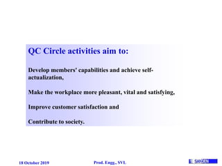 18 October 2019 Prod. Engg., SVL
QC Circle activities aim to:
Develop members' capabilities and achieve self-
actualization,
Make the workplace more pleasant, vital and satisfying,
Improve customer satisfaction and
Contribute to society.
 