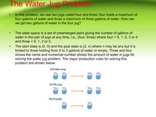 The Water Jug Problem
• In this problem, we use two jugs called four and three; four holds a maximum of
four gallons of water and three a maximum of three gallons of water. How can
we get two gallons of water in the four jug?
• The state space is a set of prearranged pairs giving the number of gallons of
water in the pair of jugs at any time, i.e., (four, three) where four = 0, 1, 2, 3 or 4
and three = 0, 1, 2 or 3.
• The start state is (0, 0) and the goal state is (2, n) where n may be any but it is
limited to three holding from 0 to 3 gallons of water or empty. Three and four
shows the name and numerical number shows the amount of water in jugs for
solving the water jug problem. The major production rules for solving this
problem are shown below:
 