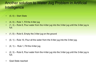 Another solution to Water Jug Problem in Artificial
Intelligence
• (0, 0) – Start State
• (4, 0) – Rule 1, Fill the 4-liter jug
• (1, 3) – Rule 8, Pour water from the 4-liter jug into the 3-liter jug until the 3-liter jug is
full.
• (1, 0) – Rule 6, Empty the 3-liter jug on the ground
• (0, 1) – Rule 10, Pour all the water from the 4-liter jug into the 3-liter jug.
• (4, 1) – Rule 1, Fill the 4-liter jug
• (2, 3) – Rule 8, Pour water from the 4-liter jug into the 3-liter jug until the 3-liter jug is
full.
• Goal State reached
 