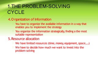 1.THE PROBLEM-SOLVING
CYCLE
4.O rganization of Information


You have to organize the available information in a way that
enables you to implement the strategy
You organize the information strategically,finding a the most
suitable representation
5.Resource allocation


We have limited resources (time,money
,equipment,space,…)
We have to decide how much we want to invest into the
problem solving
 