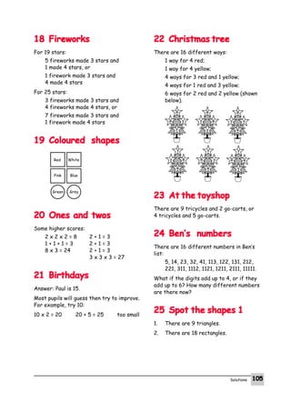 Solutions 105105105105105
1818181818 FireworksFireworksFireworksFireworksFireworks
For 19 stars:
5 fireworks made 3 stars and
1 made 4 stars, or
1 firework made 3 stars and
4 made 4 stars
For 25 stars:
3 fireworks made 3 stars and
4 fireworks made 4 stars, or
7 fireworks made 3 stars and
1 firework made 4 stars
1919191919 Coloured shapesColoured shapesColoured shapesColoured shapesColoured shapes
2020202020 Ones and twosOnes and twosOnes and twosOnes and twosOnes and twos
Some higher scores:
2 x 2 x 2 = 8 2 + 1 = 3
1 + 1 + 1 = 3 2 + 1 = 3
8 x 3 = 24 2 + 1 = 3
3 x 3 x 3 = 27
2121212121 BirthdaysBirthdaysBirthdaysBirthdaysBirthdays
Answer: Paul is 15.
Most pupils will guess then try to improve.
For example, try 10:
10 x 2 = 20 20 + 5 = 25 too small
2222222222 Christmas treeChristmas treeChristmas treeChristmas treeChristmas tree
There are 16 different ways:
1 way for 4 red;
1 way for 4 yellow;
4 ways for 3 red and 1 yellow;
4 ways for 1 red and 3 yellow;
6 ways for 2 red and 2 yellow (shown
below).
2323232323 At the toyshopAt the toyshopAt the toyshopAt the toyshopAt the toyshop
There are 9 tricycles and 2 go-carts, or
4 tricycles and 5 go-carts.
2424242424 Ben’s numbersBen’s numbersBen’s numbersBen’s numbersBen’s numbers
There are 16 different numbers in Ben’s
list:
5, 14, 23, 32, 41, 113, 122, 131, 212,
221, 311, 1112, 1121, 1211, 2111, 11111.
What if the digits add up to 4, or if they
add up to 6? How many different numbers
are there now?
2525252525 Spot the shapes 1Spot the shapes 1Spot the shapes 1Spot the shapes 1Spot the shapes 1
1. There are 9 triangles.
2. There are 18 rectangles.
Red White
Pink Blue
Green Grey
R
R Y
Y
Y
Y R
R
R
Y R
Y
Y
R Y
R
R
Y
R
Y
Y
R
Y
R
 