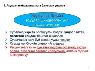  Сурагчид хэрхэн эргэцүүлэн бодож, үндэслэлтэй,
логиктой хандаж байгааг анхаарах
 Сурагчдаас гарч буй санаануудыг үнэлэх
 Хүүхэд нэг бүрийн онцлогийг мэдрэх
 Явцын үнэлгээ нь дүн тавихад биш сурагчид хэрхэн
бодож, суралцаж байгааг илрүүлэхэд чиглэнэ гэдгийг
анхаарна уу
15
Хүүхэд нэг бүрийн
асуудал шийдвэрлэх үйл
явцыг ажиглах
4. Асуудал шийдвэрлэх арга ба явцын үнэлгээ
 