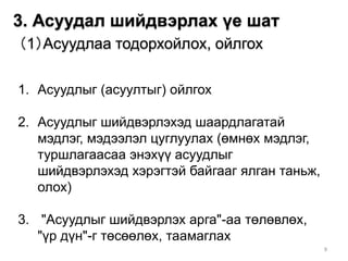 9
（1）Асуудлаа тодорхойлох, ойлгох
3. Асуудал шийдвэрлах үе шат
1. Асуудлыг (асуултыг) ойлгох
2. Асуудлыг шийдвэрлэхэд шаардлагатай
мэдлэг, мэдээлэл цуглуулах (өмнөх мэдлэг,
туршлагаасаа энэхүү асуудлыг
шийдвэрлэхэд хэрэгтэй байгааг ялган таньж,
олох)
3. "Асуудлыг шийдвэрлэх арга"-аа төлөвлөх,
"үр дүн"-г төсөөлөх, таамаглах
 