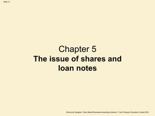 Slide 5.1
Wood and Sangster, Frank Wood's Business Accounting Volume 2, 13e © Pearson Education Limited 2016
Chapter 5
The issue of shares and
loan notes
 