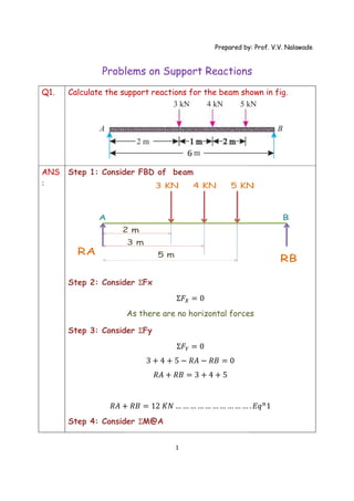 Problems on
Q1. Calculate the support reactions for the beam shown in fig
ANS
:
Step 1: Consider
Step 2: Consider
Step 3: Consider
𝑅𝐴 +
Step 4: Consider
Prepared by: Prof. V.V. Nalawade
1
Problems on Support Reactions
Calculate the support reactions for the beam shown in fig
: Consider FBD of beam
: Consider ƩFx
Ʃ𝐹 = 0
As there are no horizontal forces
: Consider ƩFy
Ʃ𝐹 = 0
3 + 4 + 5 − 𝑅𝐴 − 𝑅𝐵 = 0
𝑅𝐴 + 𝑅𝐵 = 3 + 4 + 5
+ 𝑅𝐵 = 12 𝐾𝑁 … … … … … … … … … …
: Consider ƩM@A
Prepared by: Prof. V.V. Nalawade
Support Reactions
Calculate the support reactions for the beam shown in fig.
As there are no horizontal forces
. 𝐸𝑞 1
 