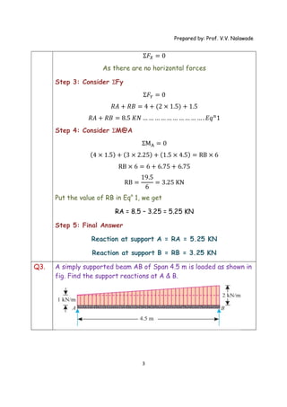 Prepared by: Prof. V.V. Nalawade
3
Ʃ𝐹 = 0
As there are no horizontal forces
Step 3: Consider ƩFy
Ʃ𝐹 = 0
𝑅𝐴 + 𝑅𝐵 = 4 + (2 × 1.5) + 1.5
𝑅𝐴 + 𝑅𝐵 = 8.5 𝐾𝑁 … … … … … … … … … … . 𝐸𝑞 1
Step 4: Consider ƩM@A
ƩM = 0
(4 × 1.5) + (3 × 2.25) + (1.5 × 4.5) = RB × 6
RB × 6 = 6 + 6.75 + 6.75
RB =
19.5
6
= 3.25 KN
Put the value of RB in Eqn
1, we get
RA = 8.5 – 3.25 = 5.25 KN
Step 5: Final Answer
Reaction at support A = RA = 5.25 KN
Reaction at support B = RB = 3.25 KN
Q3. A simply supported beam AB of Span 4.5 m is loaded as shown in
fig. Find the support reactions at A & B.
 