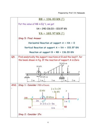 Put the value of RB in Eq
Step 5: Final Answer
Horizontal Reaction at support A = H
Vertical Reaction at support A = V
Reaction at support B =
Q5. Find analytically the support reactions at B and the load P, for
the beam shown in fig. If the reaction of support A is Zero
ANS
:
Step 1: Consider
Step 2: Consider
Prepared by: Prof. V.V. Nalawade
6
Put the value of RB in Eqn
1, we get
VA = 240-136.03 = 103.97 KN
Final Answer
Horizontal Reaction at support A = H
Vertical Reaction at support A = VA = 103.97
Reaction at support B = RB = 136.03
Find analytically the support reactions at B and the load P, for
shown in fig. If the reaction of support A is Zero
: Consider FBD of beam
: Consider ƩFx
Prepared by: Prof. V.V. Nalawade
Horizontal Reaction at support A = HA = 0
103.97 KN
136.03 KN
Find analytically the support reactions at B and the load P, for
shown in fig. If the reaction of support A is Zero
 