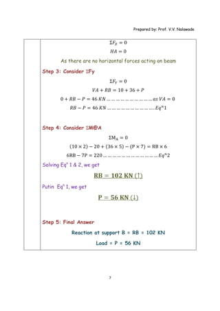 Prepared by: Prof. V.V. Nalawade
7
Ʃ𝐹 = 0
𝐻𝐴 = 0
As there are no horizontal forces acting on beam
Step 3: Consider ƩFy
Ʃ𝐹 = 0
𝑉𝐴 + 𝑅𝐵 = 10 + 36 + 𝑃
0 + 𝑅𝐵 − 𝑃 = 46 𝐾𝑁 … … … … … … … … … … 𝑎𝑠 𝑉𝐴 = 0
𝑅𝐵 − 𝑃 = 46 𝐾𝑁 … … … … … … … … … … . 𝐸𝑞 1
Step 4: Consider ƩM@A
ƩM = 0
(10 × 2) − 20 + (36 × 5) − (P × 7) = RB × 6
6RB − 7P = 220… … … … … … … … … … … … 𝐸𝑞 2
Solving Eqn
1 & 2, we get
Putin Eqn
1, we get
Step 5: Final Answer
Reaction at support B = RB = 102 KN
Load = P = 56 KN
 