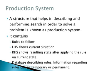 A structure that helps in describing and performing search in order to solve a problem is known as production system. It contains Rules to follow LHS shows current situation RHS shows resulting state after applying the rule on current state. Database describing rules, Information regarding rules can be temporary or permanent. 