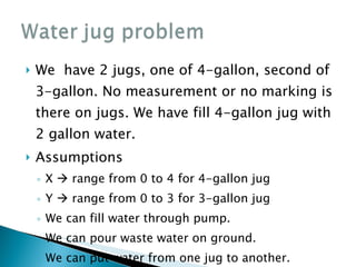 We  have 2 jugs, one of 4-gallon, second of 3-gallon. No measurement or no marking is there on jugs. We have fill 4-gallon jug with 2 gallon water. Assumptions X    range from 0 to 4 for 4-gallon jug Y    range from 0 to 3 for 3-gallon jug We can fill water through pump. We can pour waste water on ground. We can put water from one jug to another. 
