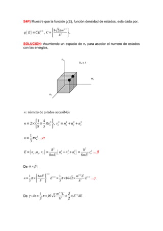 S4P) Muestre que la función g(E), función densidad de estados, esta dada por,

                                      8 2π m3/ 2 
                                                 
g ( E ) ≡ CE1/ 2 , C ≡                     3     .
                                     
                                         h       
                                                  

SOLUCION: Asumiendo un espacio de ns para asociar el numero de estados
con las energias,


                                               nz
                                                          Vn ≡ 1




                                                                   ny




                                nx




n : número de estados accesibles

        1 4      
n ≡ 2 ×  × π rn3  , rn2 ≡ nx + ny + nz2
                             2    2

        8 3      

   1
n ≡ π rn3 Kα
   3

                            h2                      h2 2
E ≡ ( nx , n y , n z )   ≡      { nx + ny + nz } ≡ 8mL2 rn K β
                                   2    2    2

                           8mL2


De α ∧ β :

                         3/ 2
   1    8mL2                               1          m3/ 2 L3 3/ 2
n ≡ π × 2                     E    3/ 2
                                            ≡ π ×16 2 ×         E Kγ
   3    h                                  3           h3


                1          m3/ 2 L3 3
De γ : dn ≡       π × 16 2         × × E1/ 2 dE
                3           h3      2
 