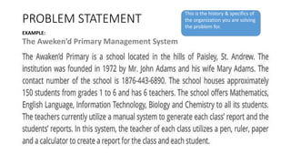 PROBLEM STATEMENT
This is the history & specifics of
the organization you are solving
the problem for.
EXAMPLE:
The Aweken’d Primary Management System
 