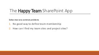The Happy Team SharePoint App
Solves two very common problems
1. No good way to define team membership
2. How can I find my team sites and project sites?
 