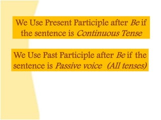 We Use Present Participle after Be if
the sentence is Continuous Tense
We Use Past Participle after Be if the
sentence is Passive voice (All tenses)
 