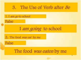 3. The Use of Verb after Be
1. I am go to school
1
False
I am going to school
2. The food was eat by me
False
The food was eaten by me
 