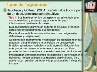 Jacobson y Gottman (2001), señalan dos tipos a partir de un descubrimiento contraintuitivo:  Tipo 1:  Los hombres tenían un aspecto agresivo, hablaban con agresividad y actuaban agresivamente, pero interiormente mantenían la calma.  Sus  pulsaciones disminuían durante la discusió, eran más agresivos emocionalmente que los demás.  Desde el inicio de la conversación eran más beligerantes, defensivos y despectivos;  Se calmaban interiormente y centraban su atención mientras atacaban a sus mujeres a la velocidad de un rayo con brutales agresiones verbales y en la agresión física tenían más propensión a usar o amenazar con usar cuchillos o pistolas contra sus mujeres, son más violentos que los otros,  Presentaban comportamientos antisociales y  potencialmente delictivos, no son celosos; sus mujeres disminuían su ira y aumentaban su nivel de temor y le producía altos índices de tristeza. Tipos de “agresores” 