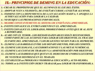 18.- PRINCIPIOS DE DEMING EN LA EDUCACIÓN: 1.- CREAR EL PROPÓSITO DE QUE EL ALUMNO ES EL EJE DEL ÉXITO. 2.- ADOPTAR NUEVA FILOSOFÍA, DE ENSEÑAR CURSOS A ENSEÑAR ALUMNOS. 3.- TERMINE CON LA DEPENDENCIA DE LA EVALUACIÓN MASIVA, Y APLIQUE LA AUTOEVALUACIÓN PARA LOGRAR LA CALIDAD. 4.- NO BUSQUE LAS PREMIACIONES INDIVIDUALES. 5.- MEJORE CONSTANTEMENTE EL SISTEMA DE ENSEÑANZA-APRENDIZAJE . 6.- INSTITUCIONALICE EL ENTRENAMIENTO EN EL APRENDIZAJE. 7.- INSTITUCIONALICE EL LIDERAZGO, PRIORIZÁNDOLO ANTES QUE IR AL JEFE A REPORTARSE. 8.- ACABE CON EL TEMOR.- LOS RIESGOS RAZONABLES SERÁN RECONOCIDOS, COMO PARTE DE LAS ACCIONES PARA LOGRAR LOS OBJETIVOS. EL FRACASO ES PARTE DEL APRENDIZAJE, Y LOS REAJUSTES NO SON PARA EL REPROCHE. 9.-  ELIMINE LAS BARRERAS ENTRE LOS DEPARTAMENTOS, POR LOS COMITÉS. 10.- ELIMINE LOS SLOGANS, LAS EXHORTACIONES Y LAS METAS NUMÉRICAS. 11.- ELIMINE LAS CUOTAS DE TRABAJO Y LA ADMINISTRACIÓN POR OBJETIVOS. 12.- ELIMINE LAS BARRERAS QUE QUITAN EL DERECHO DE ENORGULLECERNOS DE NUESTRAS DESTREZAS EN EL TRABAJO. 13.- ESTABLECER un PROGRAMA VIGOROSO de EDUCACIÓN y AUTO-MEJORA. 14.- TODOS en la INSTITUCIÓN DEBEN TRABAJAR para LOGRAR TRANSFORMARLA.  