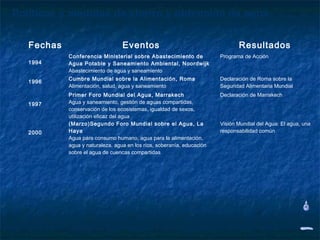 Políticas y medidas de ahorro y obtención de agua

   Fechas                         Eventos                                      Resultados
            Conferencia Ministerial sobre Abastecimiento de             Programa de Acción
   1994     Agua Potable y Saneamiento Ambiental, Noordwijk
            Abastecimiento de agua y saneamiento
            Cumbre Mundial sobre la Alimentación, Roma                  Declaración de Roma sobre la
   1996
            Alimentación, salud, agua y saneamiento                     Seguridad Alimentaria Mundial
            Primer Foro Mundial del Agua, Marrakech                     Declaración de Marrakech
   1997     Agua y saneamiento, gestión de aguas compartidas,
            conservación de los ecosistemas, igualdad de sexos,
            utilización eficaz del agua
            (Marzo)Segundo Foro Mundial sobre el Agua, La               Visión Mundial del Agua: El agua, una
   2000     Haya                                                        responsabilidad común
            Agua para consumo humano, agua para la alimentación,
            agua y naturaleza, agua en los ríos, soberanía, educación
            sobre el agua de cuencas compartidas
 