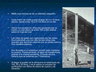 ¿Cómo funciona un atrapanieblas?


   •   Malla cuya textura es de un diámetro pequeño.

   •   Cada metro de malla puede atrapar de 4 a 15 litros
       diarios, dando entre 16 a 21 mil litros en un día.

   •   Ubicar los paneles en dirección perpendicular al
       viento y a una altura de entre 700 a 900 metros
       sobre el nivel del mar.

   •   Las miles de gotas son capturadas por las redes.
       Acumulándose una con otra forman otras más
       grandes que terminan cayendo por su propio peso a
       una canaleta plástica.

   •   Son llevadas a un estanque cerrado para mantener
       su pureza. Posteriormente, el agua es transportada,
       gracias a la misma pendiente, a través de una
       cañería que se extiende por 7 kilómetros.

   •   Al llegar al pueblo se la almacena en estanques de
       100, 50 y 30 litros, y se le aplica un proceso de
       purificación con filtros de arena de cuarzo y de
       cloración.
 
