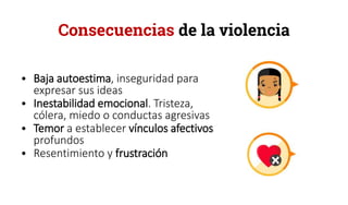 Consecuencias de la violencia
• Baja autoestima, inseguridad para
expresar sus ideas
• Inestabilidad emocional. Tristeza,
cólera, miedo o conductas agresivas
• Temor a establecer vínculos afectivos
profundos
• Resentimiento y frustración
 
