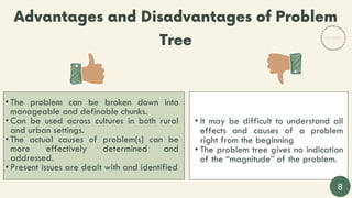 • The problem can be broken down into
manageable and definable chunks.
• Can be used across cultures in both rural
and urban settings.
• The actual causes of problem(s) can be
more effectively determined and
addressed.
• Present issues are dealt with and identified
• It may be difficult to understand all
effects and causes of a problem
right from the beginning
• The problem tree gives no indication
of the “magnitude” of the problem.
8
 
